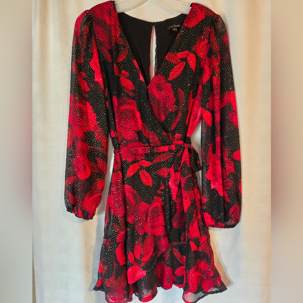 City Studio Red and Black Long Sleeve Dress With Gold Glitter.